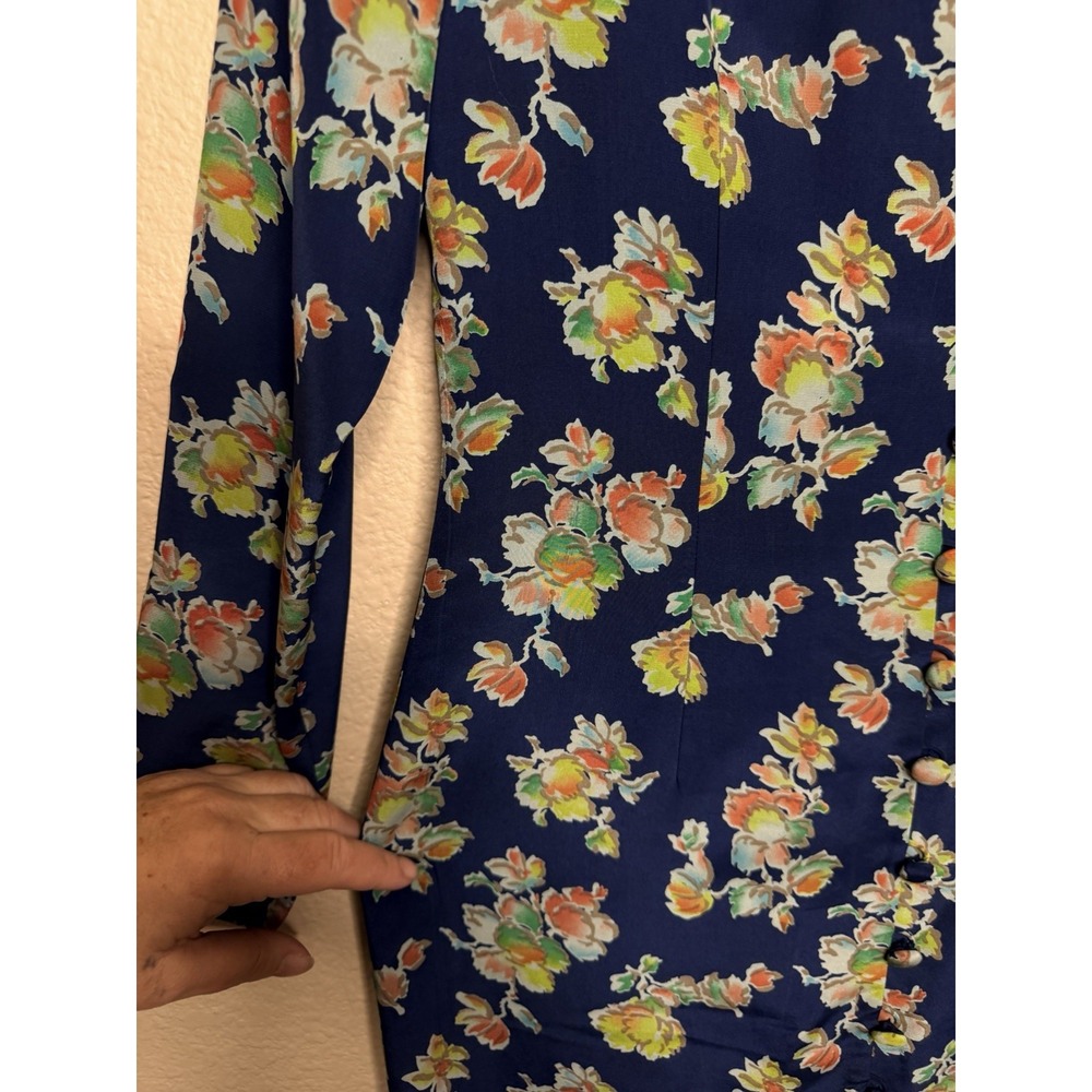 YL Dress Womens Navy Blue Floral 100% Silk Button Front Long Sleeve Mini Dress 4 - Picture 4 of 7